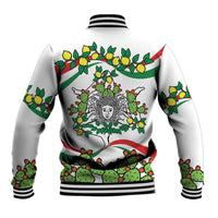 White varsity baseball jacket with ribbed collar and Sicilian triskelion cactus-lemon print