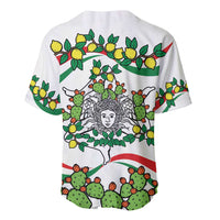 Back white baseball jersey with Sicily triskelion, cactus and lemons graphic