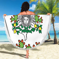 Round white beach blanket with cactus and lemon triskelion woman motif, fringed trim