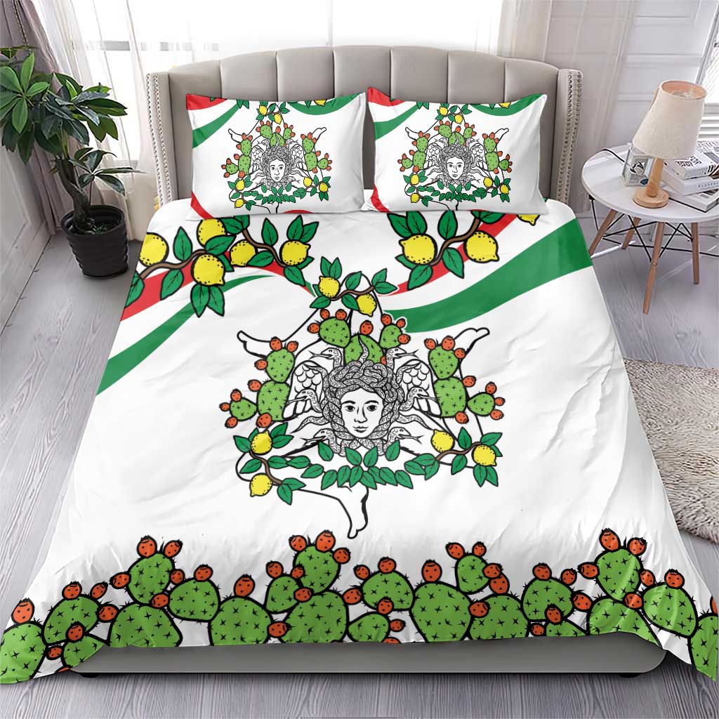 White duvet bedding set with green cactus and lemons print plus two matching pillows