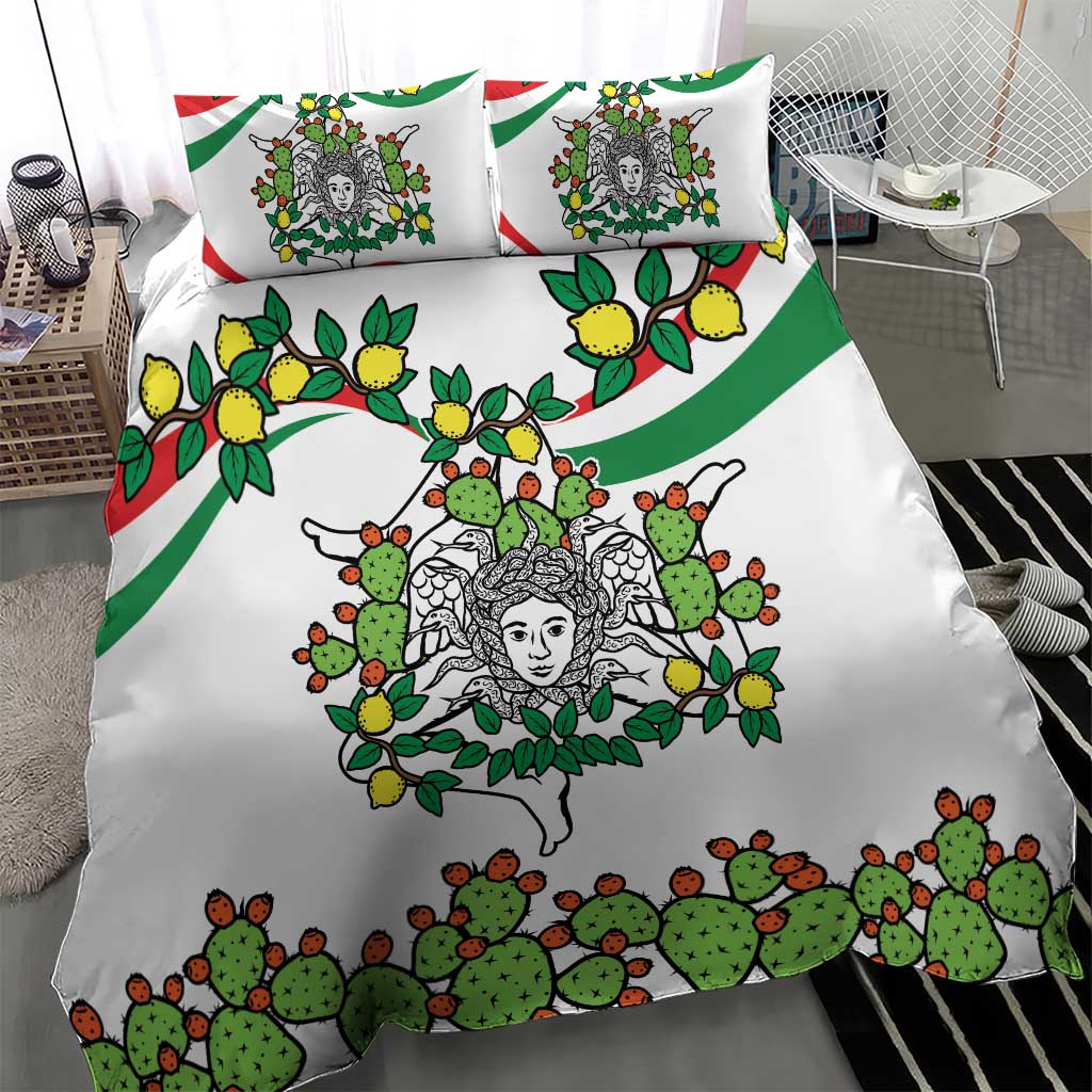 White bedding set with green cactus and lemon graphics, triskelion face center; two pillows