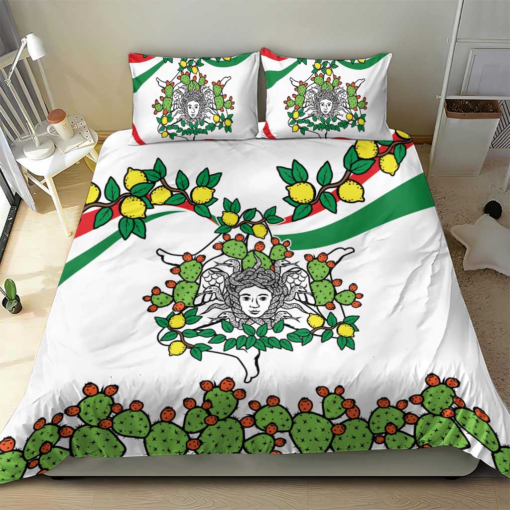 White duvet and two pillows with green cactus, yellow lemons, and triskelion-style face design