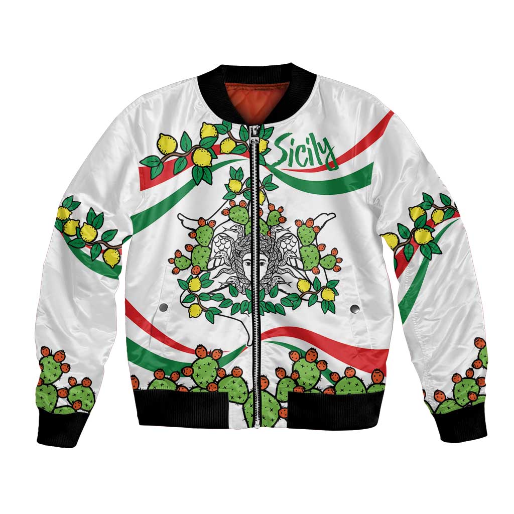 White bomber jacket with front zip and ribbed trim; Sicily cactus & lemon triskelion print