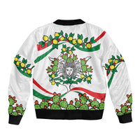 White bomber jacket back print with cactus and lemon branches and Sicily triskelion motif