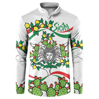 White button sweatshirt with colorful Sicily artwork featuring cactus, lemons, triskelion.