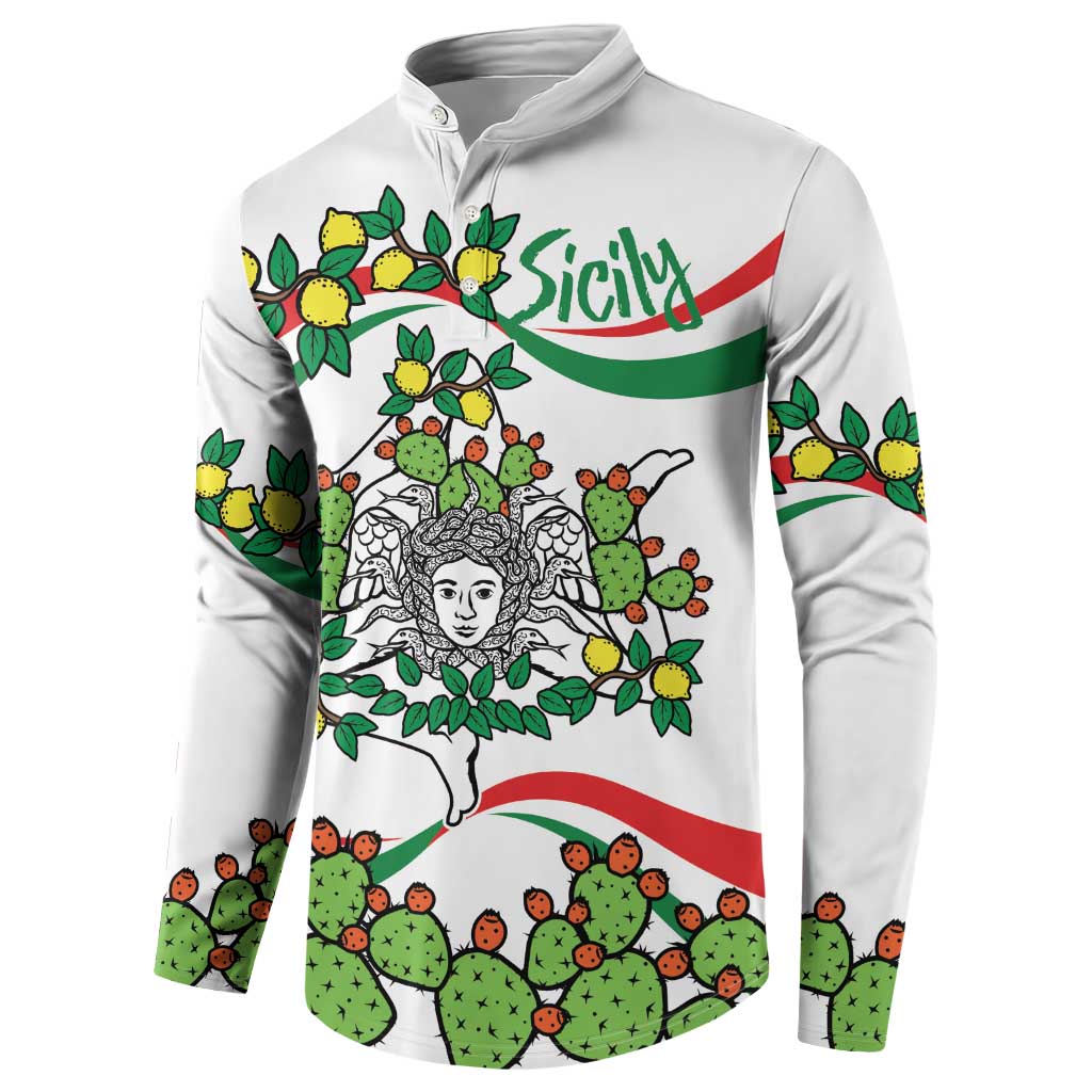 White button sweatshirt with Sicily banner; cactus and lemon graphic across chest.