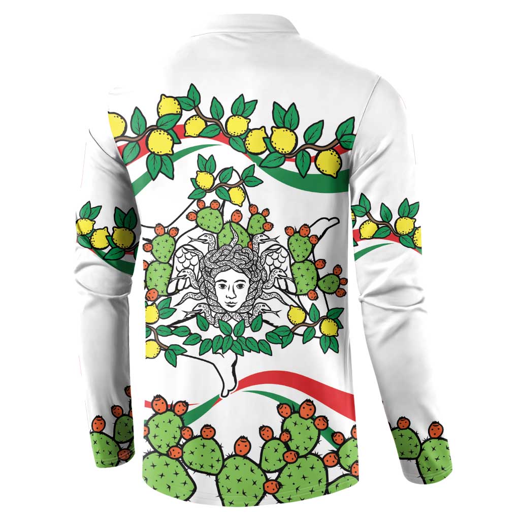White button sweatshirt, back print with cactus and lemon Sicily triskelion graphic.