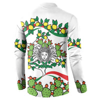 White button sweatshirt, back print with cactus and lemon Sicily triskelion graphic.