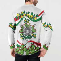 White button sweatshirt with large back graphic: cactus, lemons, Sicily triskelion.