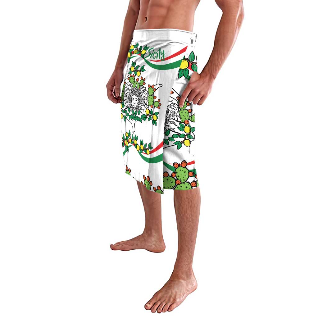White knee-length shorts with side print of Sicily triskelion, cactus and lemon