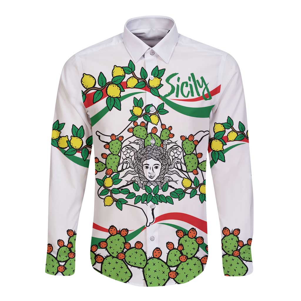 White long-sleeve button shirt with cactus and lemons graphic and “Sicily” text