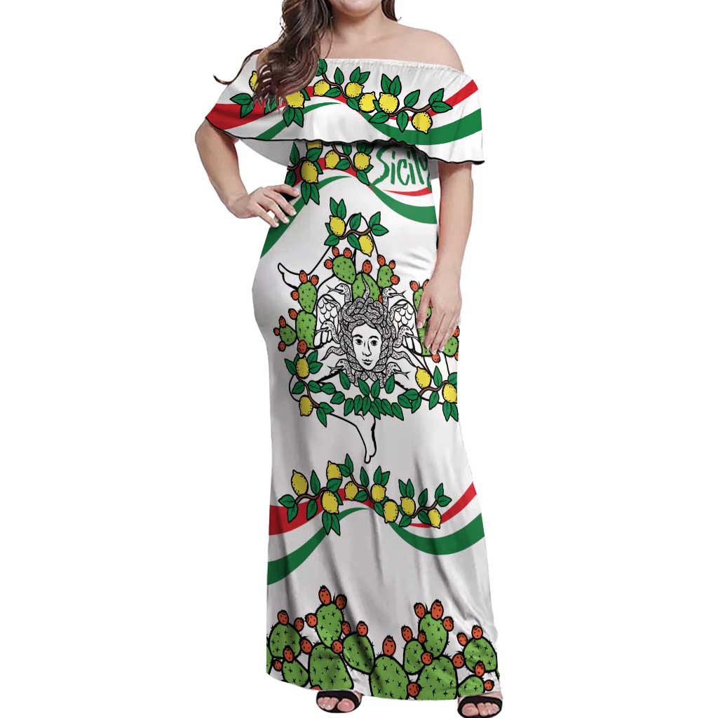 Sicilian Triskelion Off Shoulder Maxi Dress with Cactus and Lemons - Wonder Print Shop