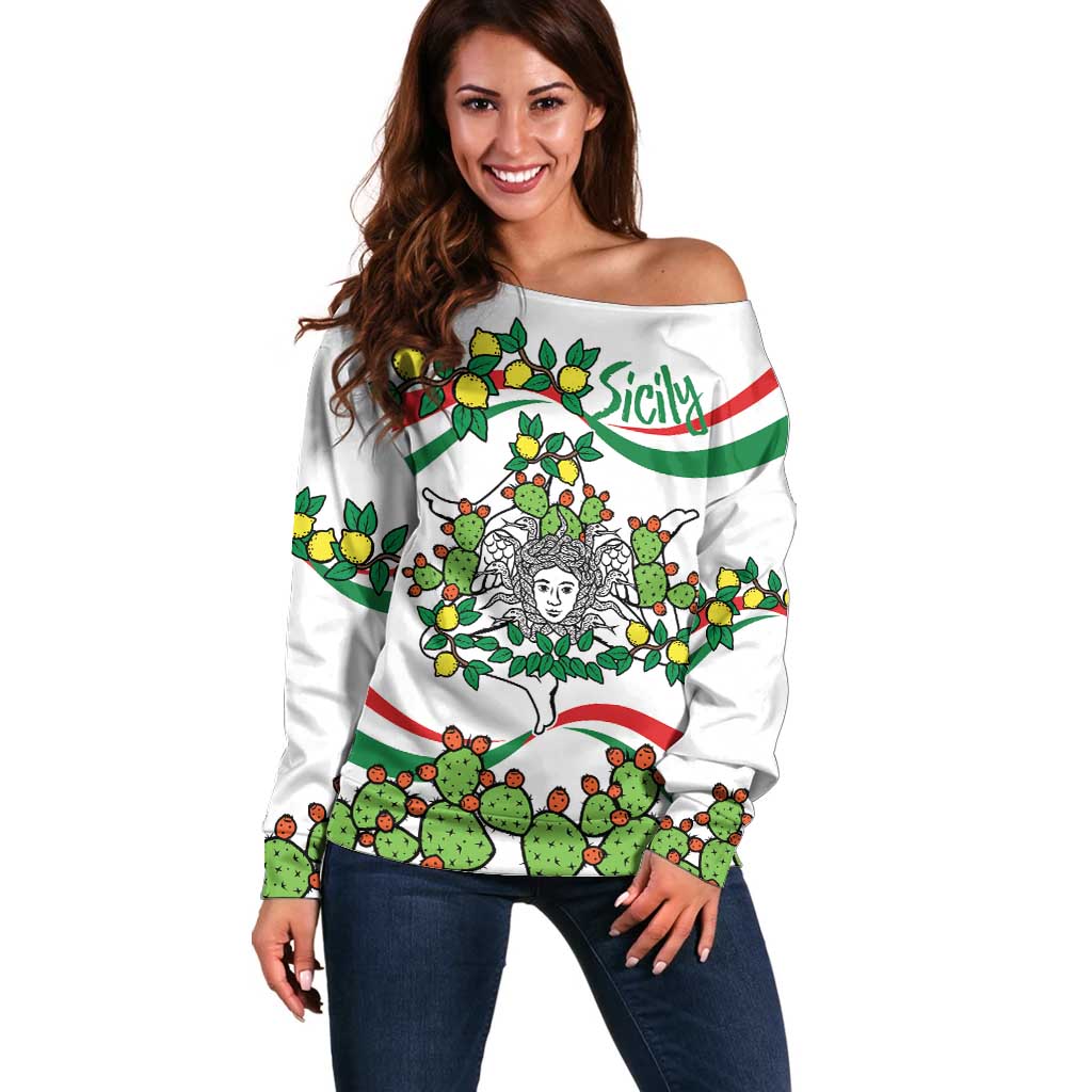 Sicilian Triskelion Off Shoulder Sweater with Cactus and Lemons - Wonder Print Shop