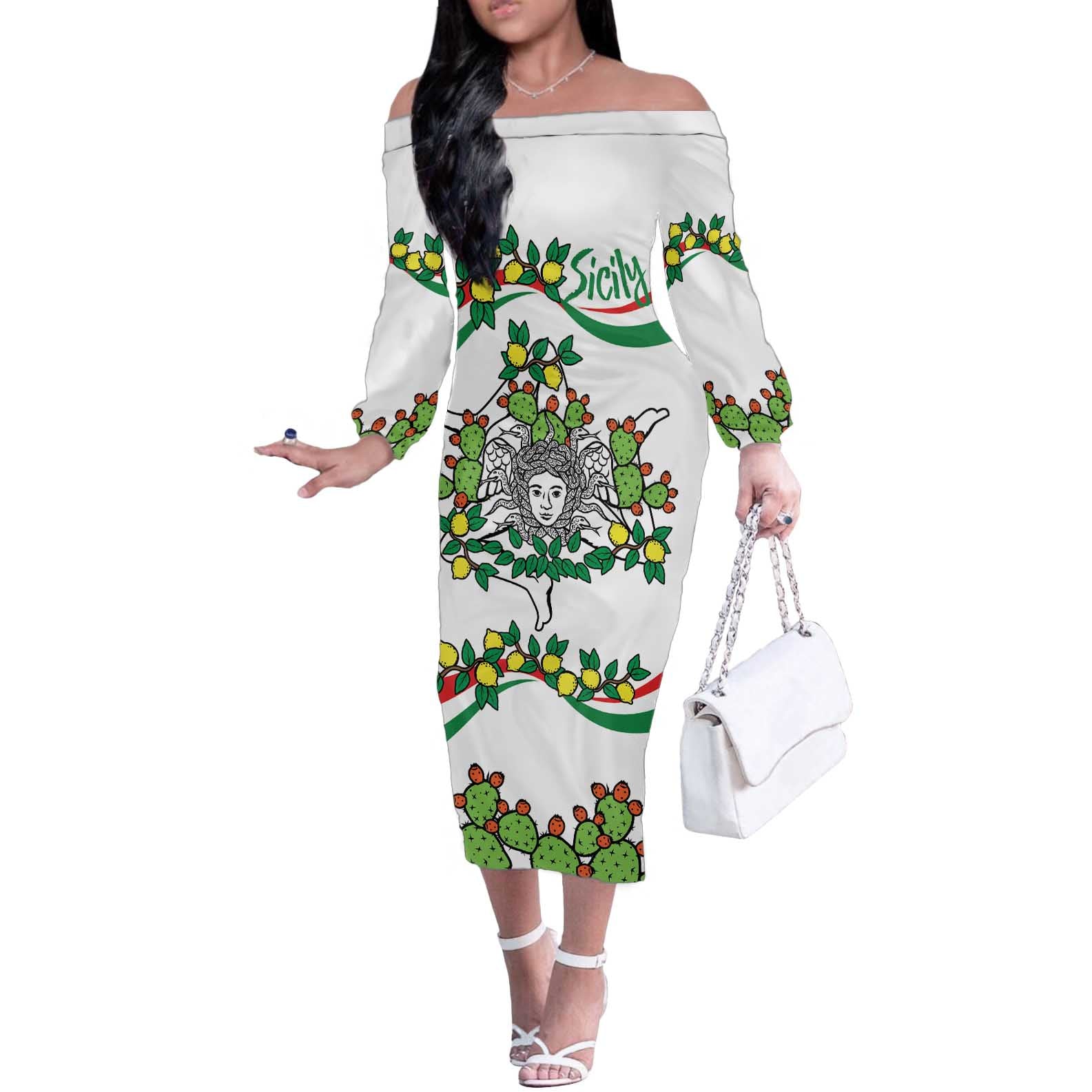 Sicilian Triskelion Off The Shoulder Long Sleeve Dress with Cactus and Lemons - Wonder Print Shop