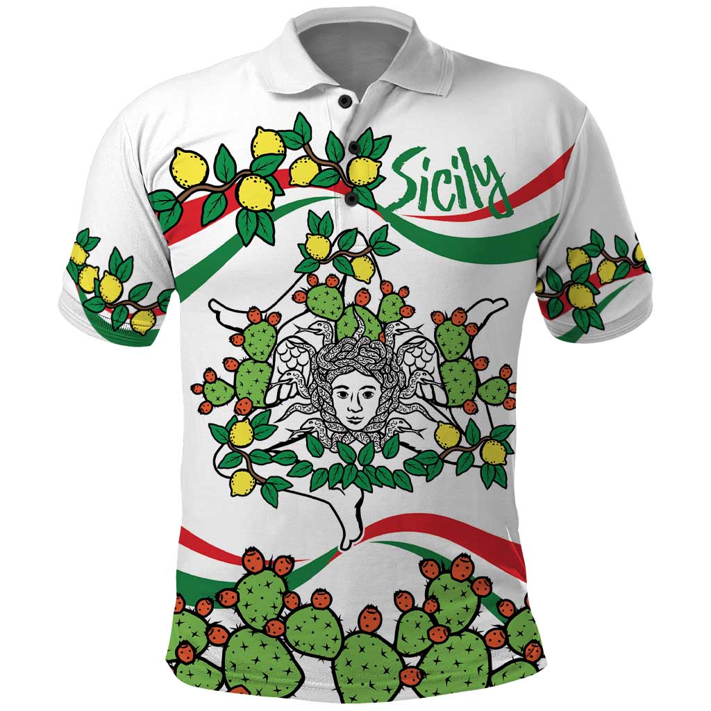 Sicilian Triskelion Polo Shirt with Cactus and Lemons - Wonder Print Shop