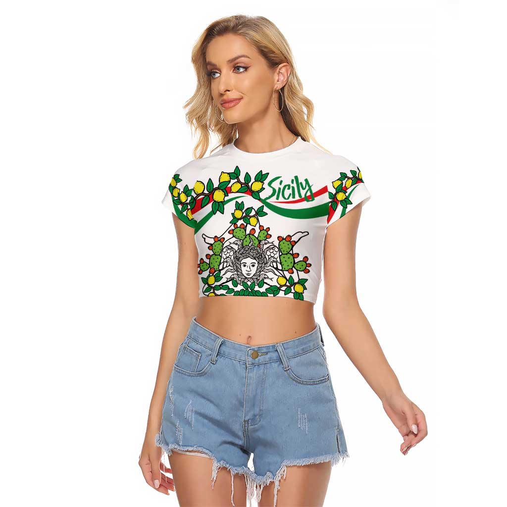 Sicilian Triskelion Raglan Cropped T Shirt with Cactus and Lemons