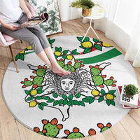 White round carpet featuring triskelion face surrounded by cactus and lemons