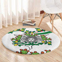 White round carpet with cactus and lemon triskelion design