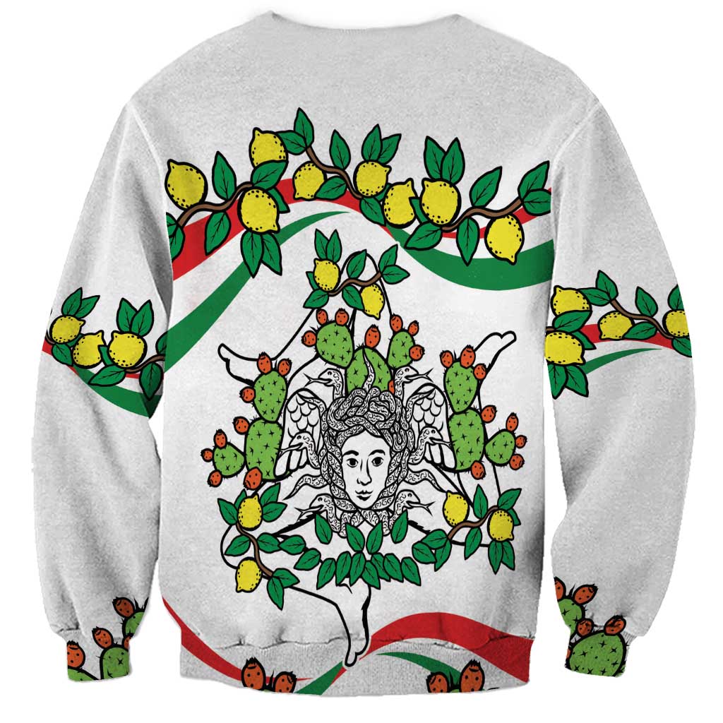 White unisex sweatshirt, back graphic with cactus, lemons, and ornate woman face