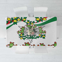 White tablecloth with cactus and lemon triskelion print, green striped border