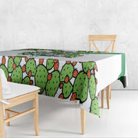 White tablecloth with large cactus pattern and green stripe hem