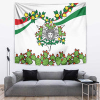 White Sicilian triskelion tapestry with green-red stripes, cactus and lemons, central face