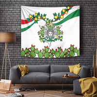 White Sicilian triskelion wall tapestry with green-red stripes, cactus cluster and lemon accents