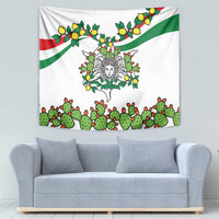 White Sicilian triskelion tapestry with green cactus border and yellow lemons around the face