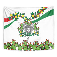 White Sicilian triskelion tapestry with central medallion, cactus shapes, and lemon vines