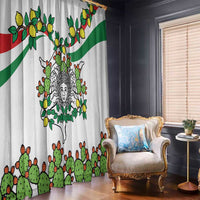 White window curtain panel with Sicilian-style triskelion print, cactus and lemon accents