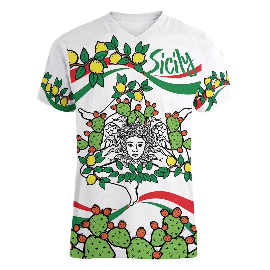 Sicilian Triskelion Women V-Neck T-Shirt with Cactus and Lemons