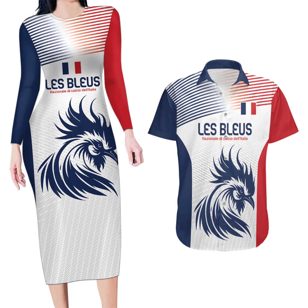 Custom France Football Couples Matching Long Sleeve Bodycon Dress and Hawaiian Shirt Les Bleus Rooster Sporty Style LT9 - Wonder Print Shop