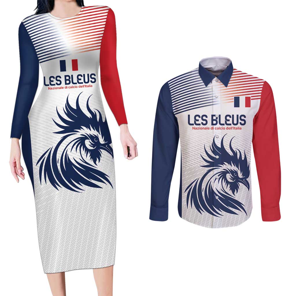 Custom France Football Couples Matching Long Sleeve Bodycon Dress and Long Sleeve Button Shirt Les Bleus Rooster Sporty Style LT9 - Wonder Print Shop