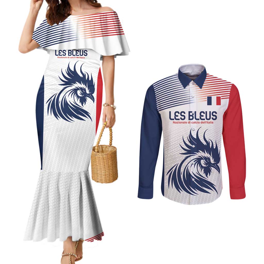 Custom France Football Couples Matching Mermaid Dress and Long Sleeve Button Shirt Les Bleus Rooster Sporty Style