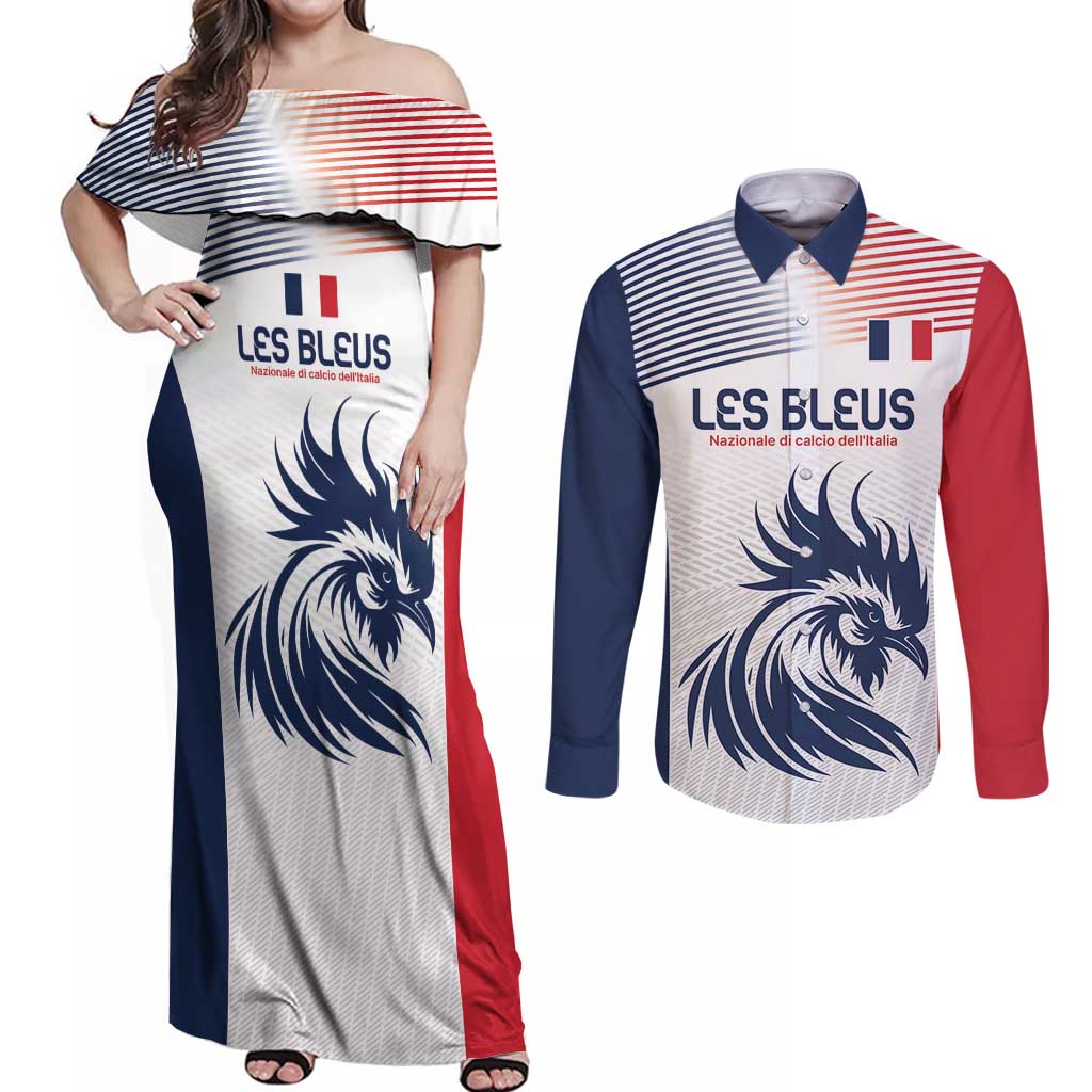 Custom France Football Couples Matching Off Shoulder Maxi Dress and Long Sleeve Button Shirt Les Bleus Rooster Sporty Style LT9 - Wonder Print Shop