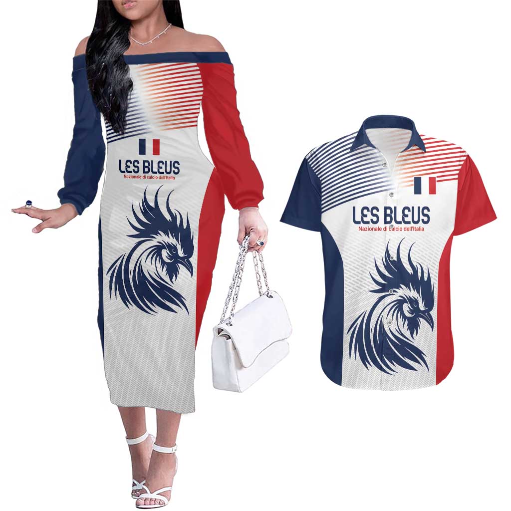 Custom France Football Couples Matching Off The Shoulder Long Sleeve Dress and Hawaiian Shirt Les Bleus Rooster Sporty Style LT9 - Wonder Print Shop