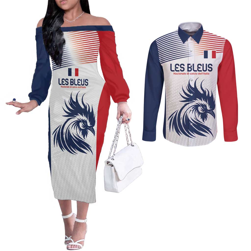 Custom France Football Couples Matching Off The Shoulder Long Sleeve Dress and Long Sleeve Button Shirt Les Bleus Rooster Sporty Style