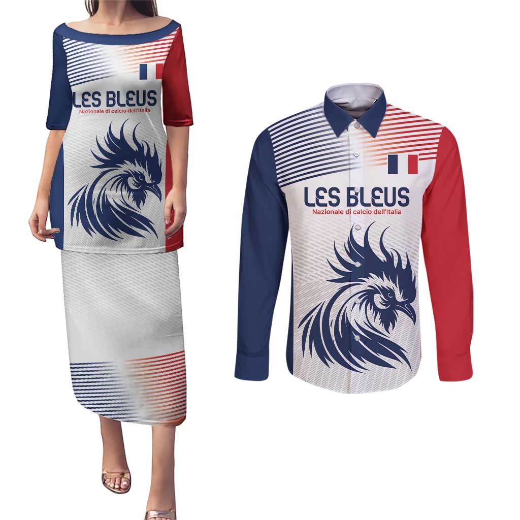 Custom France Football Couples Matching Puletasi and Long Sleeve Button Shirt Les Bleus Rooster Sporty Style LT9 - Wonder Print Shop