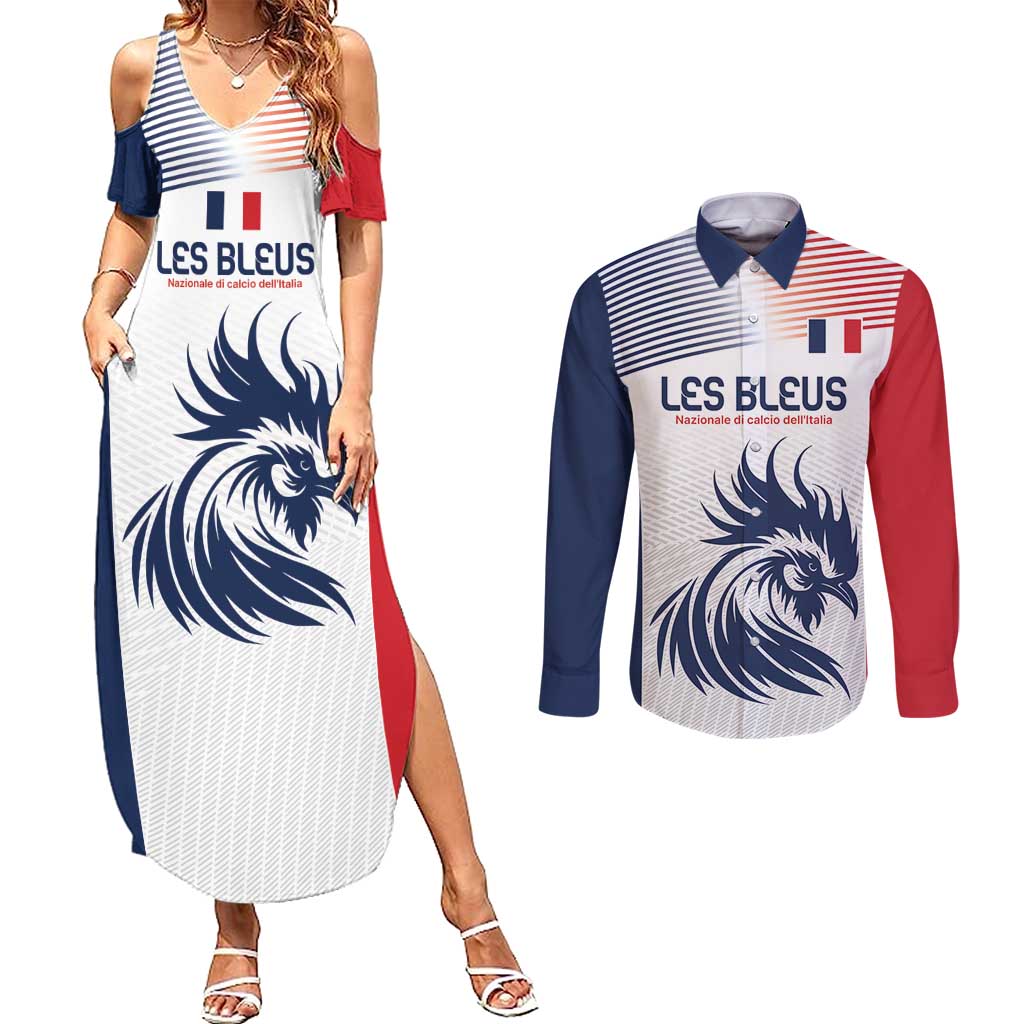 Custom France Football Couples Matching Summer Maxi Dress and Long Sleeve Button Shirt Les Bleus Rooster Sporty Style LT9 - Wonder Print Shop