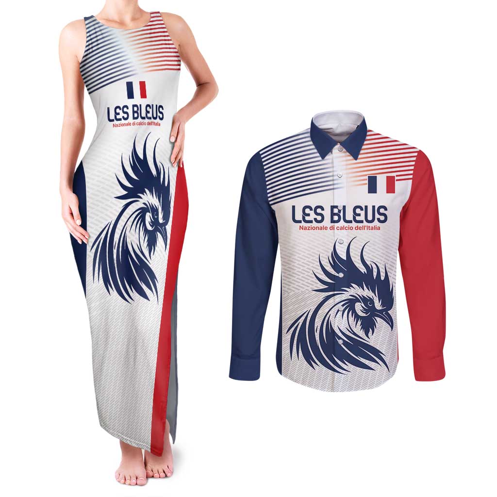 Custom France Football Couples Matching Tank Maxi Dress and Long Sleeve Button Shirt Les Bleus Rooster Sporty Style LT9 - Wonder Print Shop