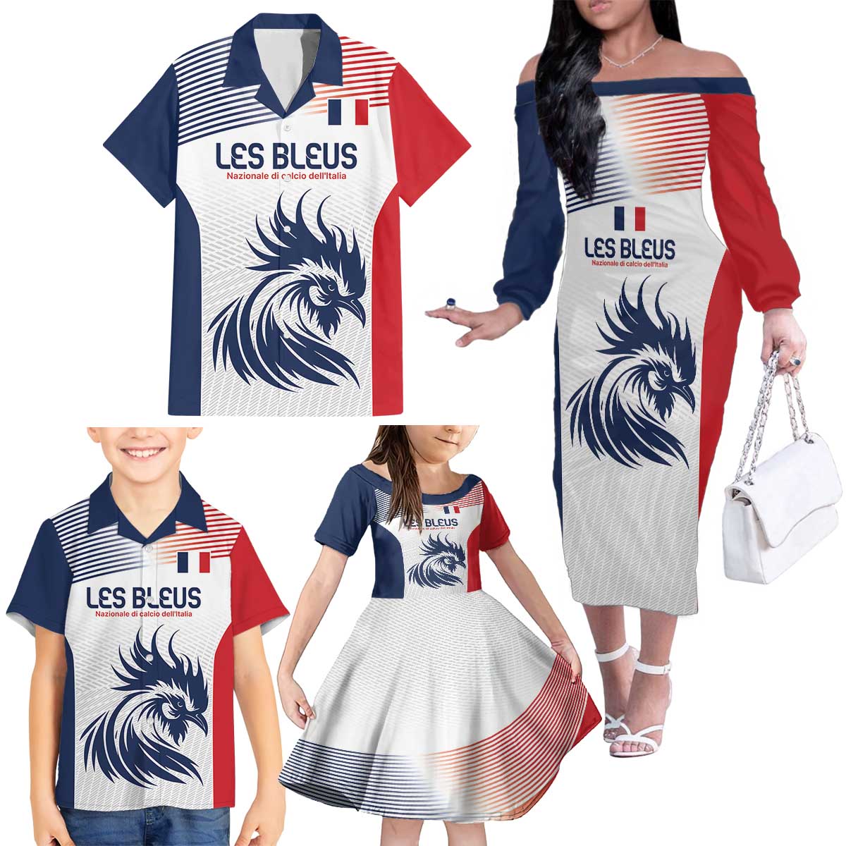 Custom France Football Family Matching Off The Shoulder Long Sleeve Dress and Hawaiian Shirt Les Bleus Rooster Sporty Style - Wonder Print Shop