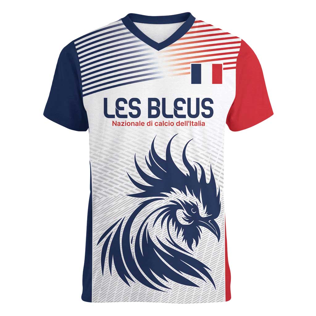 Custom France Football Women V-Neck T-Shirt Les Bleus Rooster Sporty Style - Wonder Print Shop