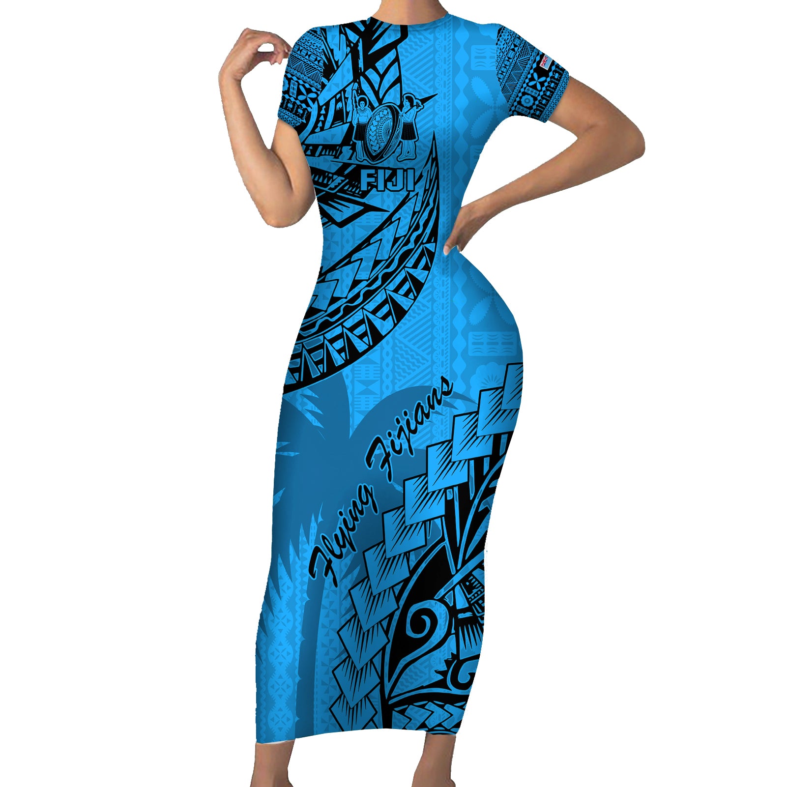 Fiji Rugby Short Sleeve Bodycon Dress Kaiviti Fijian Tribal World Cup Blue No1 - Wonder Print Shop