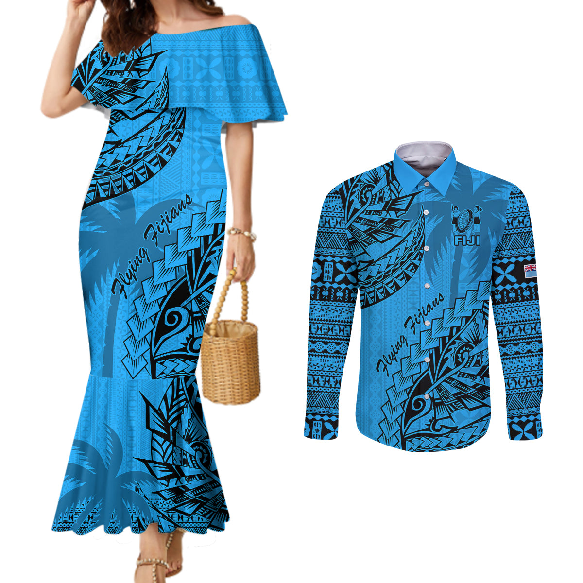 custom-fiji-rugby-couples-matching-mermaid-dress-and-long-sleeve-button-shirt-kaiviti-fijian-tribal-world-cup-blue-no1