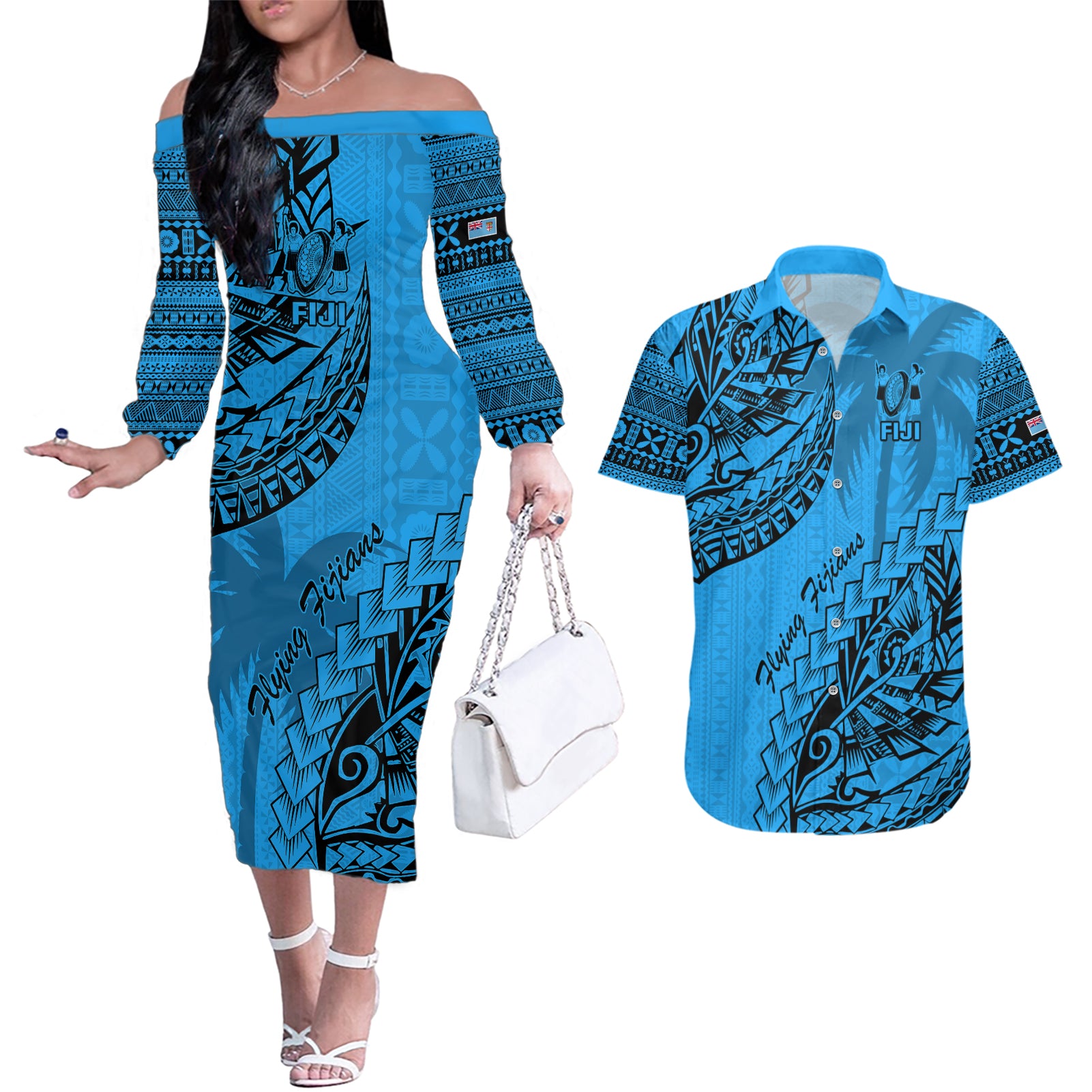 Custom Fiji Rugby Couples Matching Off The Shoulder Long Sleeve Dress and Hawaiian Shirt Kaiviti Fijian Tribal World Cup Blue No1 LT9 - Wonder Print Shop