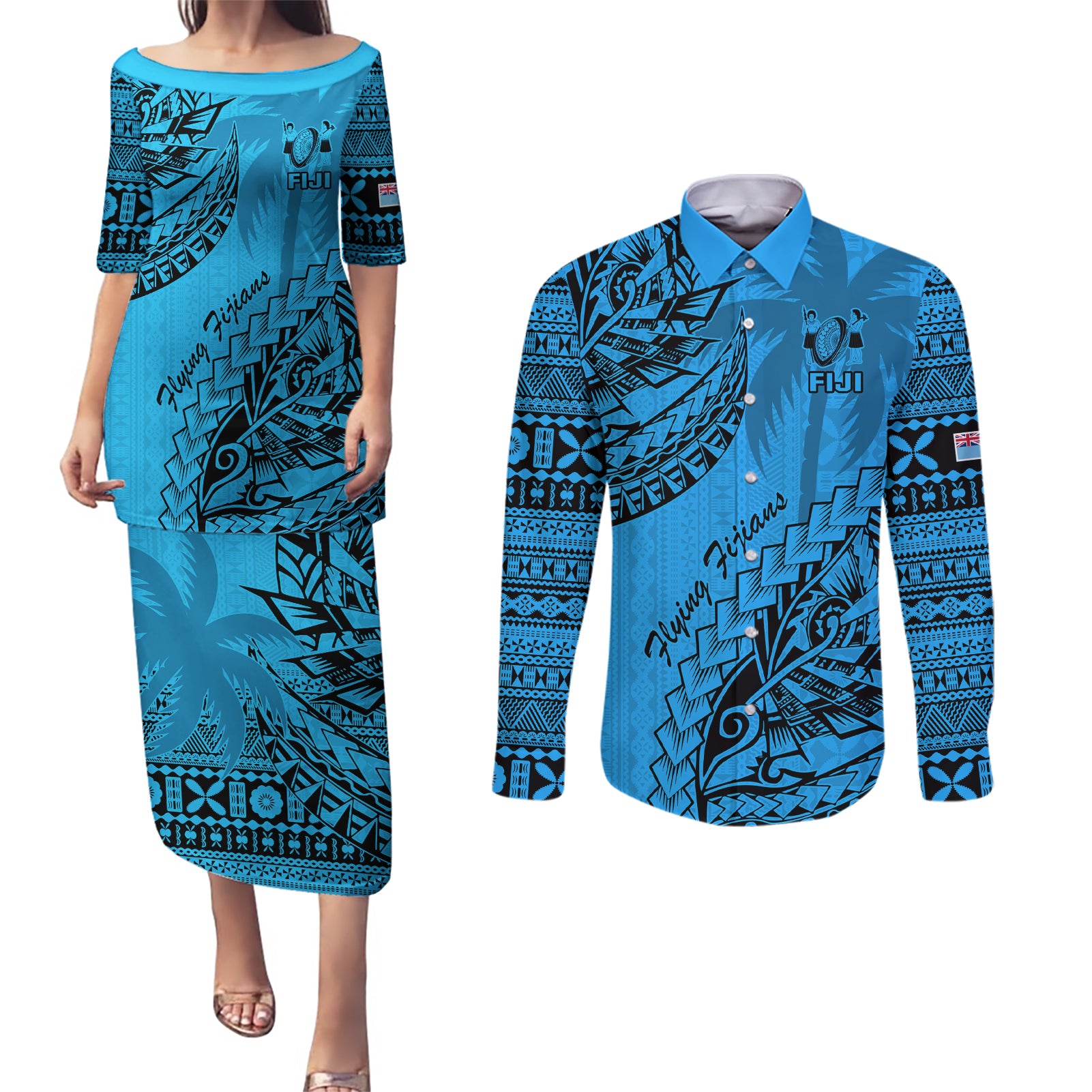 Custom Fiji Rugby Couples Matching Puletasi Dress and Long Sleeve Button Shirt Kaiviti Fijian Tribal World Cup Blue No1 LT9 - Wonder Print Shop