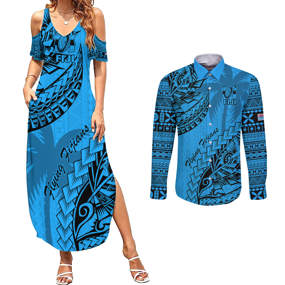 Custom Fiji Rugby Couples Matching Summer Maxi Dress and Long Sleeve Button Shirt Kaiviti Fijian Tribal World Cup Blue No1 LT9 - Wonder Print Shop