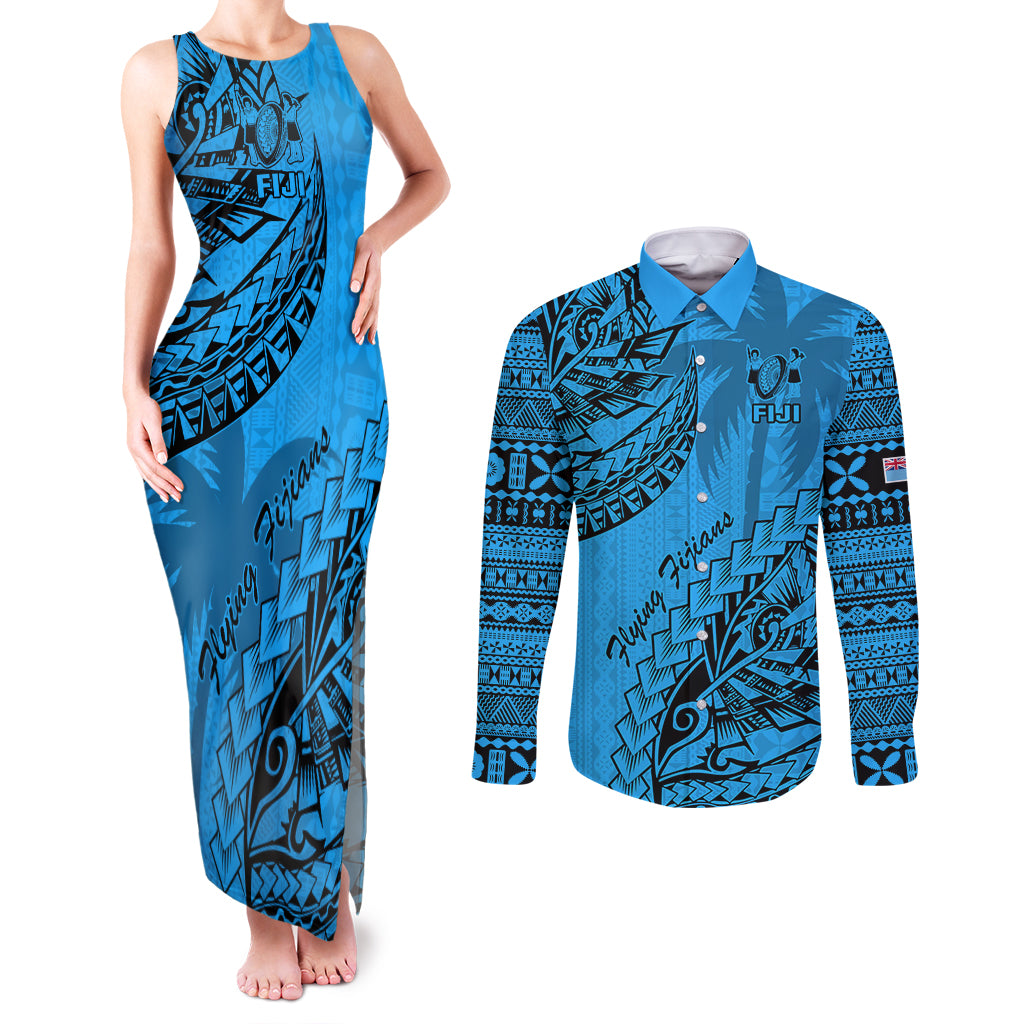 Custom Fiji Rugby Couples Matching Tank Maxi Dress and Long Sleeve Button Shirt Kaiviti Fijian Tribal World Cup Blue No1 LT9 - Wonder Print Shop