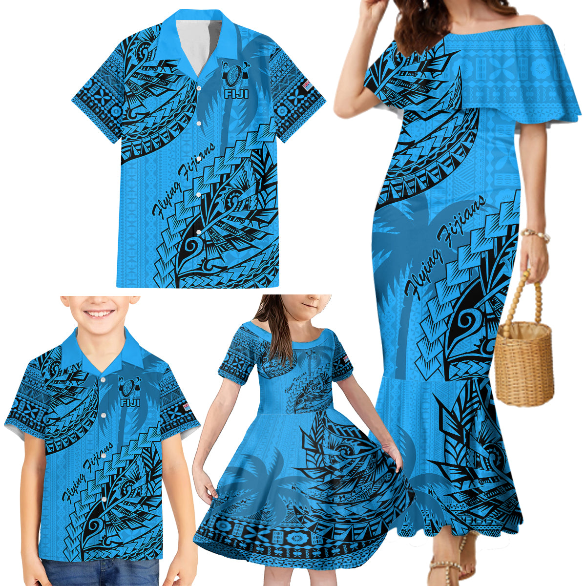 Custom Fiji Rugby Family Matching Mermaid Dress and Hawaiian Shirt Kaiviti Fijian Tribal World Cup Blue No1 LT9 - Wonder Print Shop