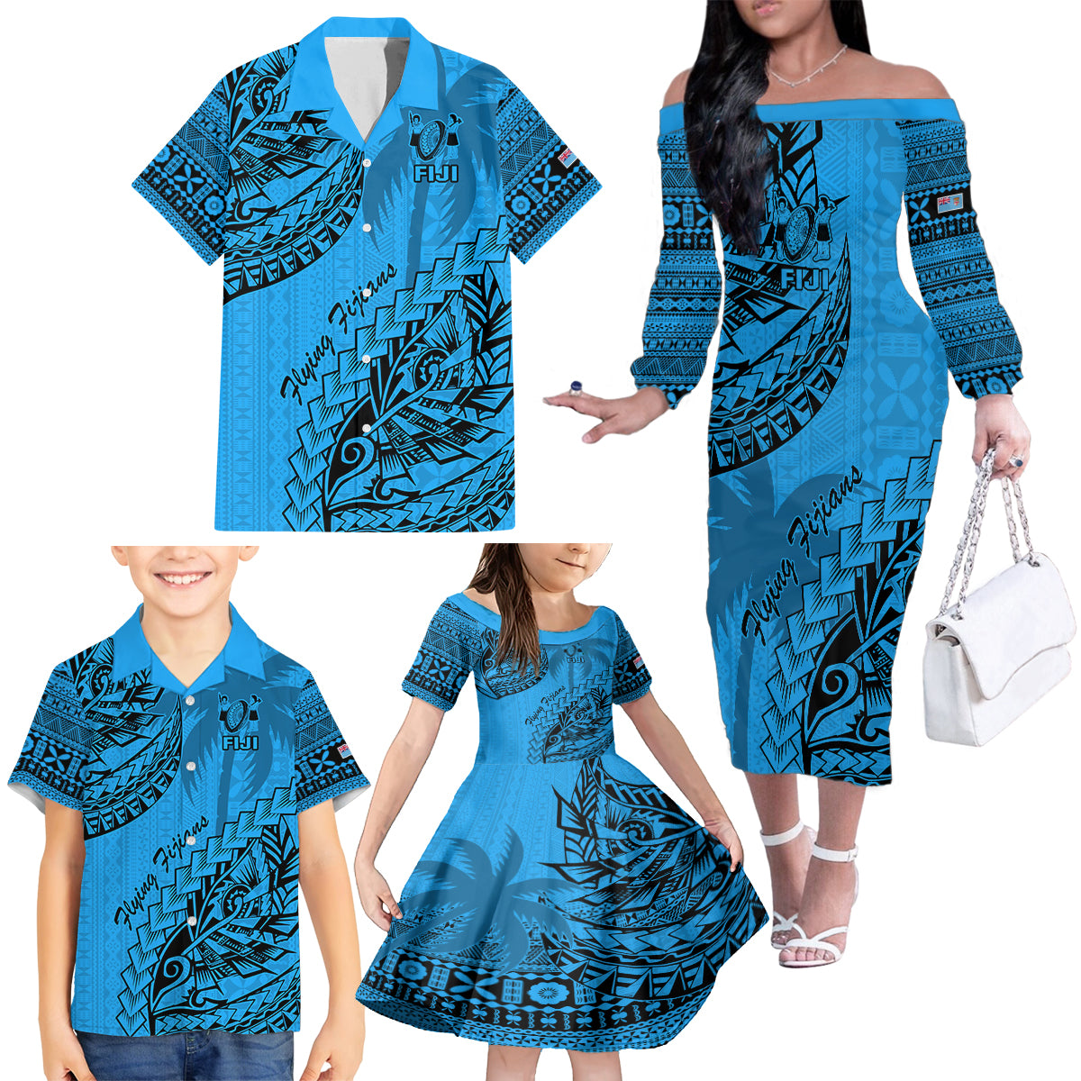 Custom Fiji Rugby Family Matching Off Shoulder Long Sleeve Dress and Hawaiian Shirt Kaiviti Fijian Tribal World Cup Blue No1 - Wonder Print Shop